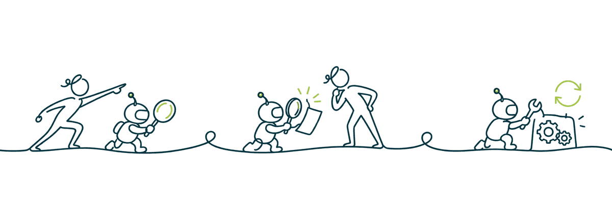 Three La Linea-style illustrations, from left to right: a person directs a robot’s investigation, a person checks a robot’s findings, and a robot reviews and fixes independently.