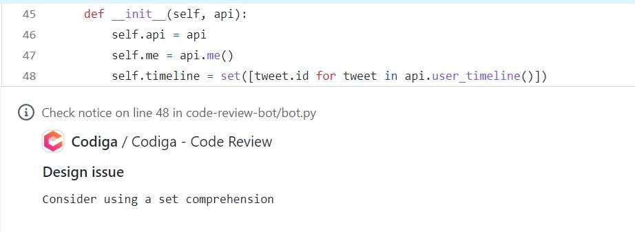 Codiga leaves a code review comment
